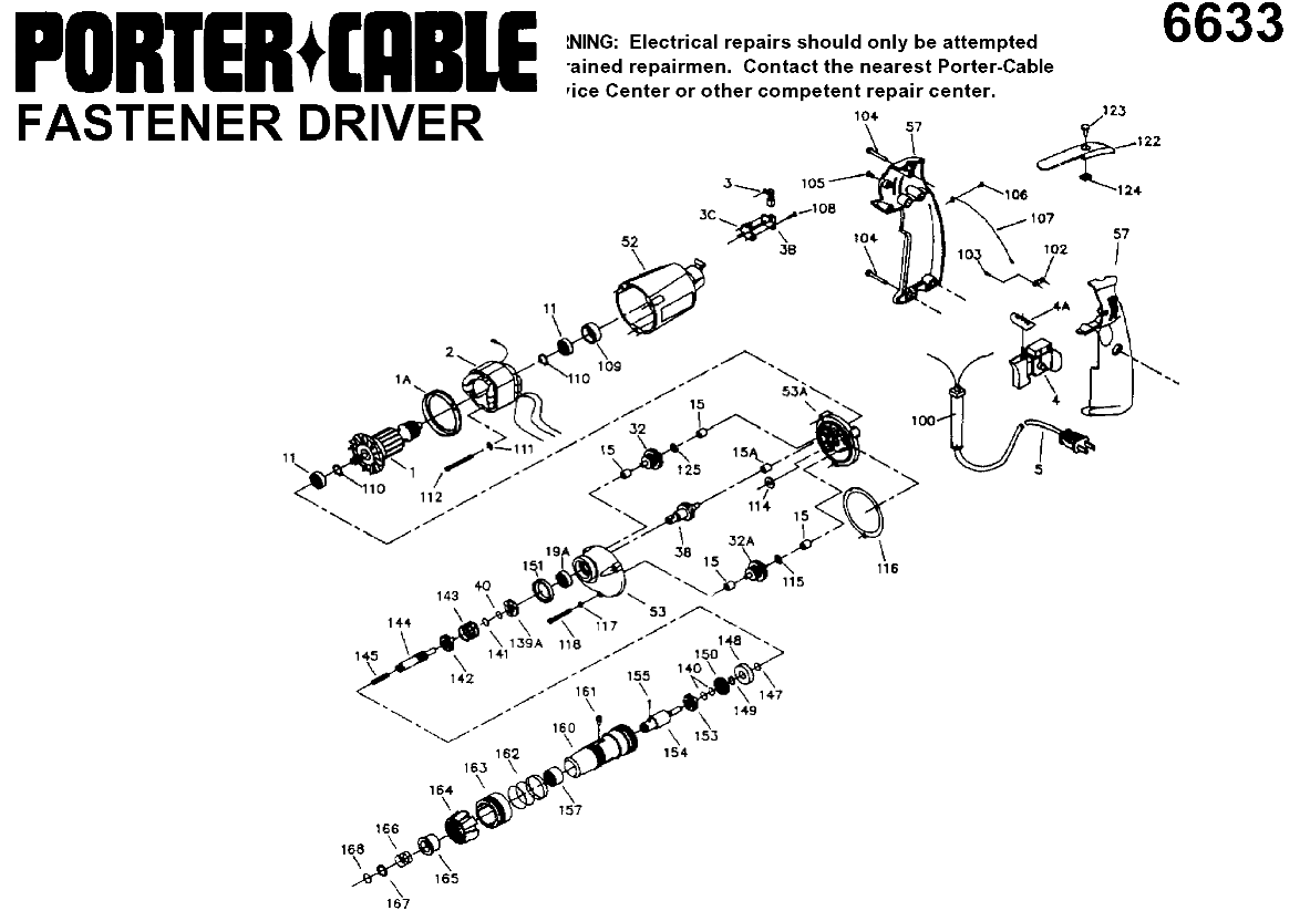Default Diagram and Parts List for J-6633 Type 1 Porter Cable Electric Drill
